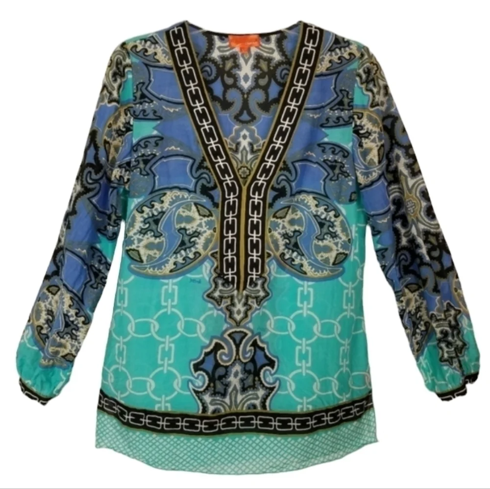Hale Bob Cabana Silk Cotton Blend Long Sleeve Tunic Top Medium Blue Boho Print
